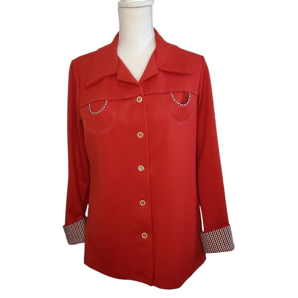 Vintage 70s Western Womens‎ Red Shirt Jacket Shaket Ribbed Polyester Sz M